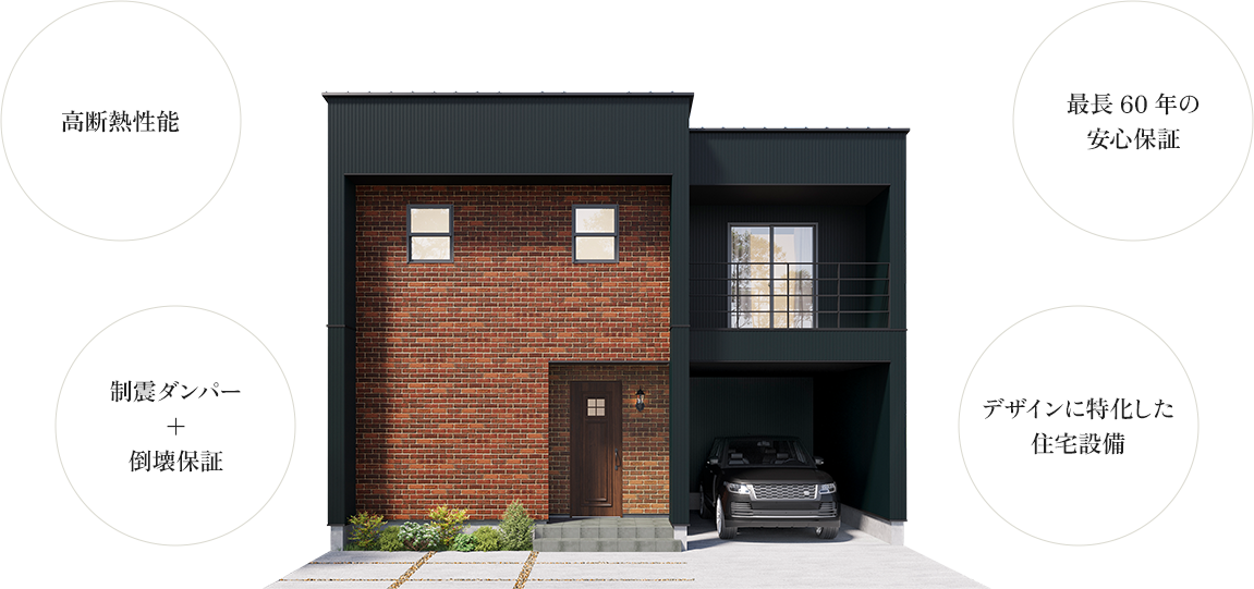 高断熱性能・最長60年の安心保証・制震ダンパー＋倒壊保証・デザインに特化した住宅設備